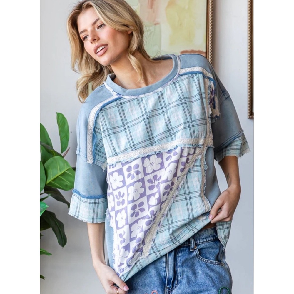 OLI & HALI WASHED PRINTED MIX MEDIA  SHORT SLEEVE TOP